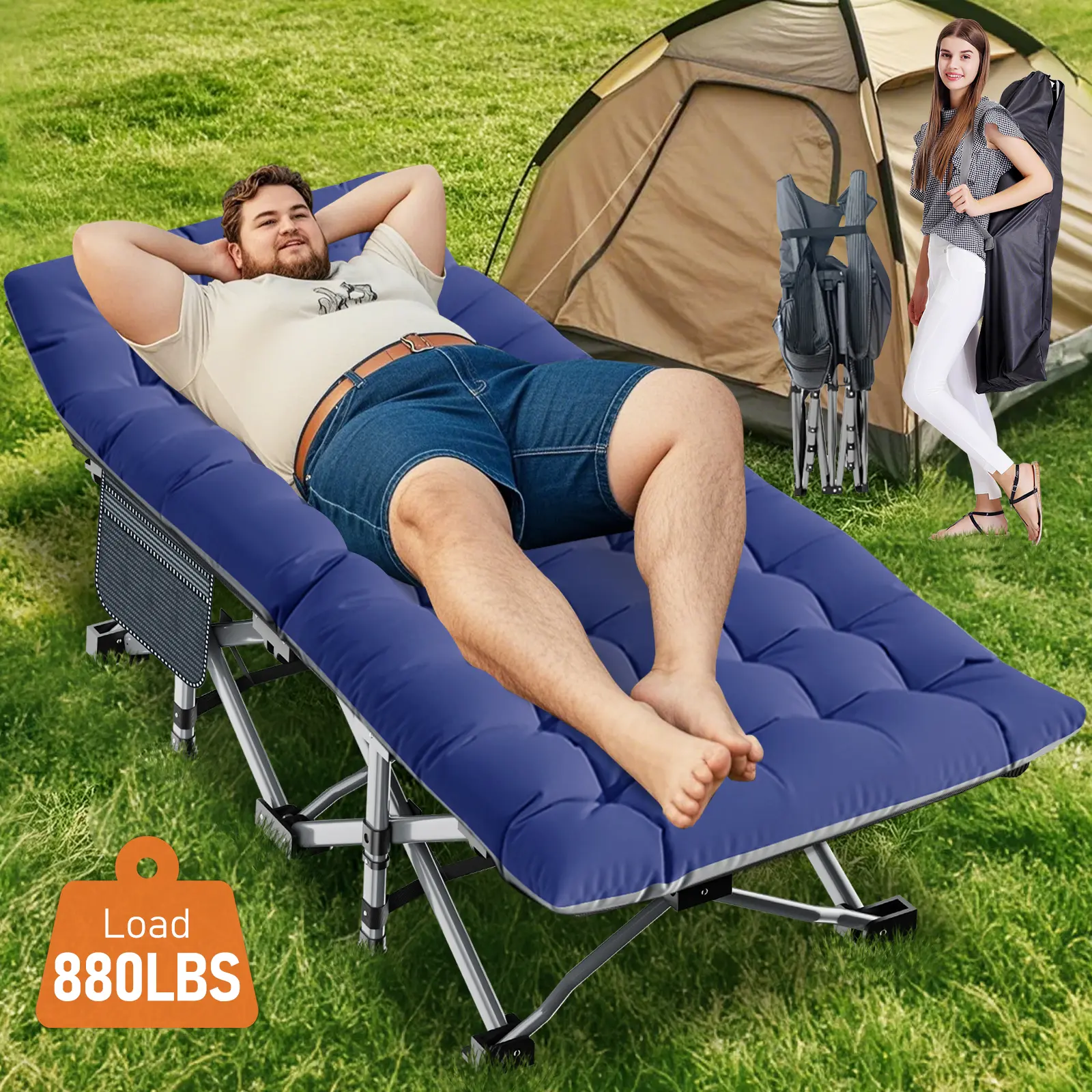 #DealsForYouDays Naudacaa Folding Camping Cot with 2-Sided Mattress – Heavy-Duty, Portable Guest Bed for Camping, Travel, Outdoor & Indoor Use, Supports up to 880 lbs Blue