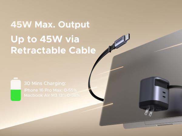 UGREEN Nexode Retractable 45W GaN Charger for iPhone 17, 3-Port USB C Fast Charger with 2.26ft Cable for iPhone 17/16/15/14/13 Series, Samsung Galaxy S25/24 Ultra, Pixel, iPad, Space Grey