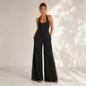 EL ELENGATINE Women's Black Polyester Halter Overalls - Sleeveless, Deep V-Neck, Backless, Wide Leg, Slim Fit 1-Piece, Chic Baddie Style, Party & Club Wear Jumpsuit, One-Piece