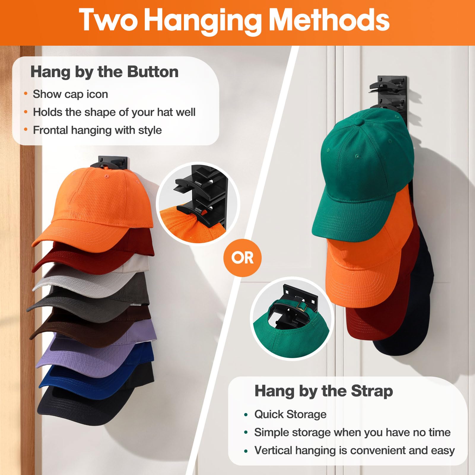 2-Pack Baseball Cap Organizer, Strong Adhesive Hat Rack, Wall-Mounted Hooks Hold 16 Hats, Adjustable Smooth Hanger for Closet Door & Bedroom, Space-Saving Home Storage Decor