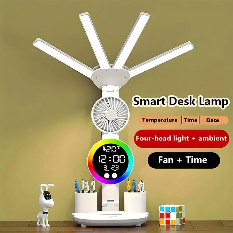 Smart Touch LED Desk Lamp with USB Dimmable And Color-Changing Reading Lamp, Built-In Fan And Night Light, Eye Protection Design