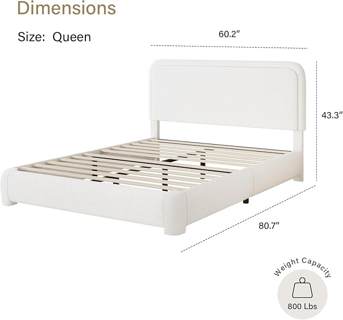 HOMBCK Bed Frame, No Mattress, Boucle Upholstered Platform Bed Frame, Modern, Rounded Corners, Noise Free, Easy Assembly