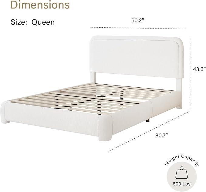 HOMBCK Bed Frame, No Mattress, Boucle Upholstered Platform Bed Frame, Modern, Rounded Corners, Noise Free, Easy Assembly