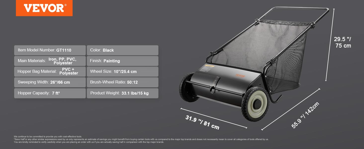 VEVOR Push Lawn Sweeper, 26 inch Leaf Grass Collector, Strong Plastic Wheels Heavy Duty Thickened Steel Durable to Use with Large Capacity 3.5 cu. ft. Mesh Collection Hopper Bag, 2 Spinning Brushes