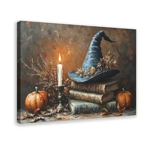 Framed Halloween Canvas Wall Art for Living Room Decoration Witch Hat Exquisite Poster Painting Prints,Vintage Spooky Pumpkin Fall Canvas Art for Bedroom Home Decor1