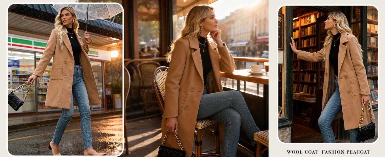 YeeZaa Women's Wool Blended Coat Notch Lapel Mid Long Single Breasted Pea Coat Jacket Outwear 2026 Spring Fall Winter Outfits SpringStatements