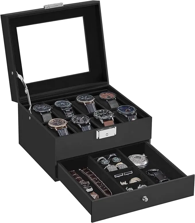 SONGMICS HOME 2-Layer Watch Jewelry Box - Lockable Watchbox with Glass Lid, Drawer for Rings, Bracelets, Home Organizer Gift Idea,dorm room inspo,college dorm essentials,dorm haul