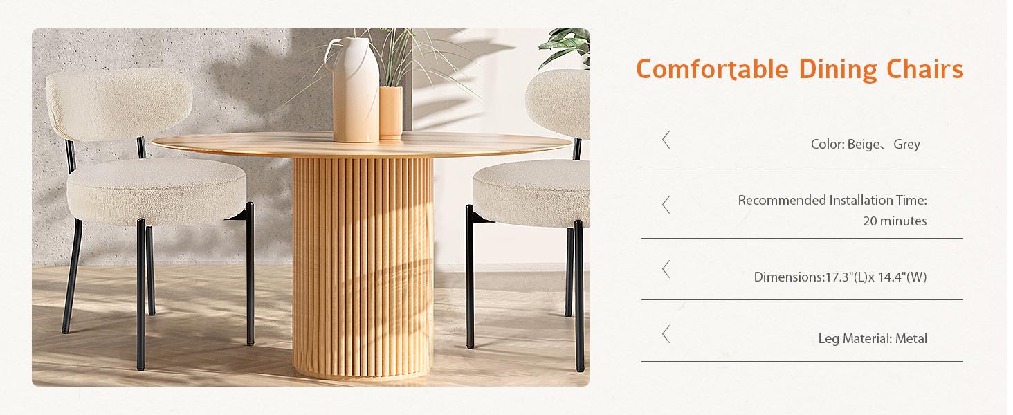 Set of 2 Dining Chairs Boucle Upholstered Kitchen Chairs with Curved Backrest & Metal Legs-Mid Century Modern Round Dining Room Chairs