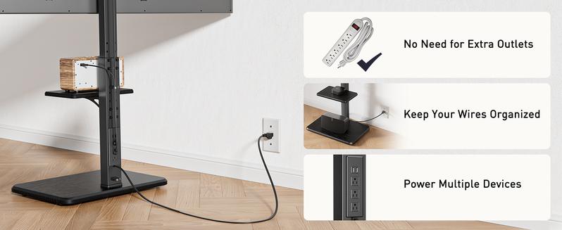 Floor TV Stand with Power Outlet, Universal TV Stand for 32-75 inch TVs up to 110 lbs, Height Adjustable Standing TV Mount, Tall TV Mount with Wood Base, Max VESA 600x400mm, PGFS06