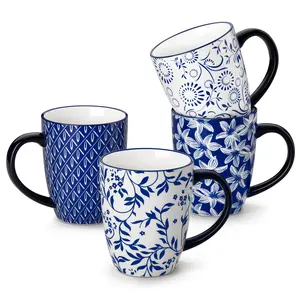 vancasso SELENE 16oz Porcelain Coffee Mugs Set of 4, Large Vintage Blue Coffee Cups with Handle, Microwave & Dishwasher Safe