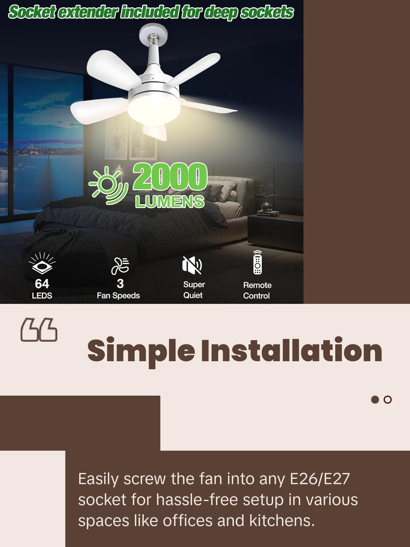 Socket Fan Light +Remote, 2000 Lumens 17.8" E26 Base Screw in Ceiling Fan Dimmbl