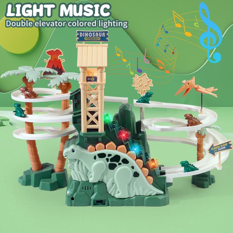Dinosaur Climbing Slide Toy for Kids with Lights & Music 5 Mini Dinosaur Cars Double Loop Race Track Game Set Stair Climbing Toy for Boys and Girls Interactive Race Track for Toddlers Ages 2+