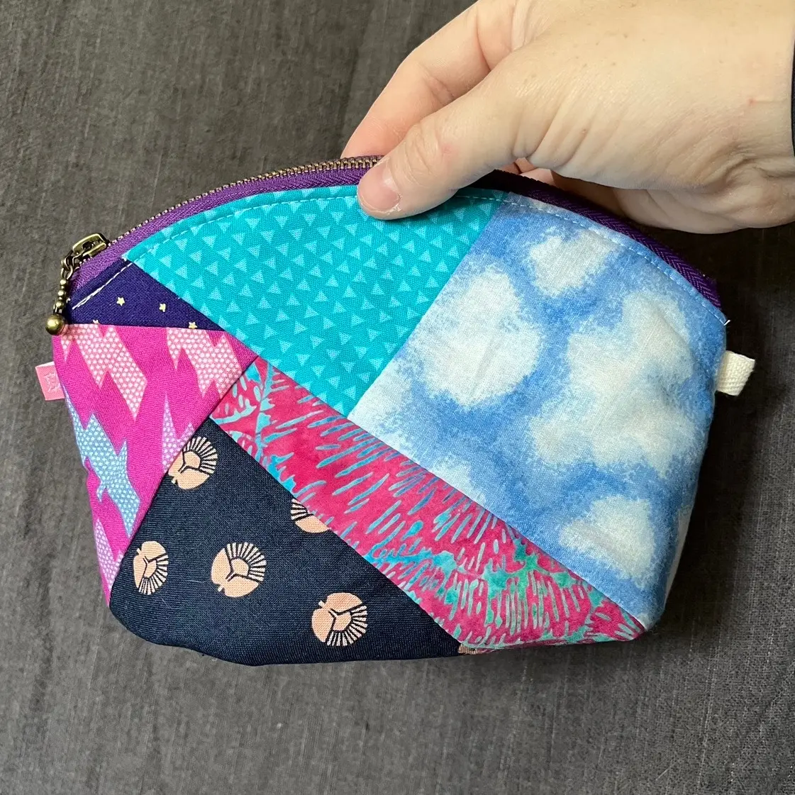 Curved Zipper Pouch - Purple Blue Quilted Zipper Pouch - Handmade Makeup Pouch - Handmade Pencil Case