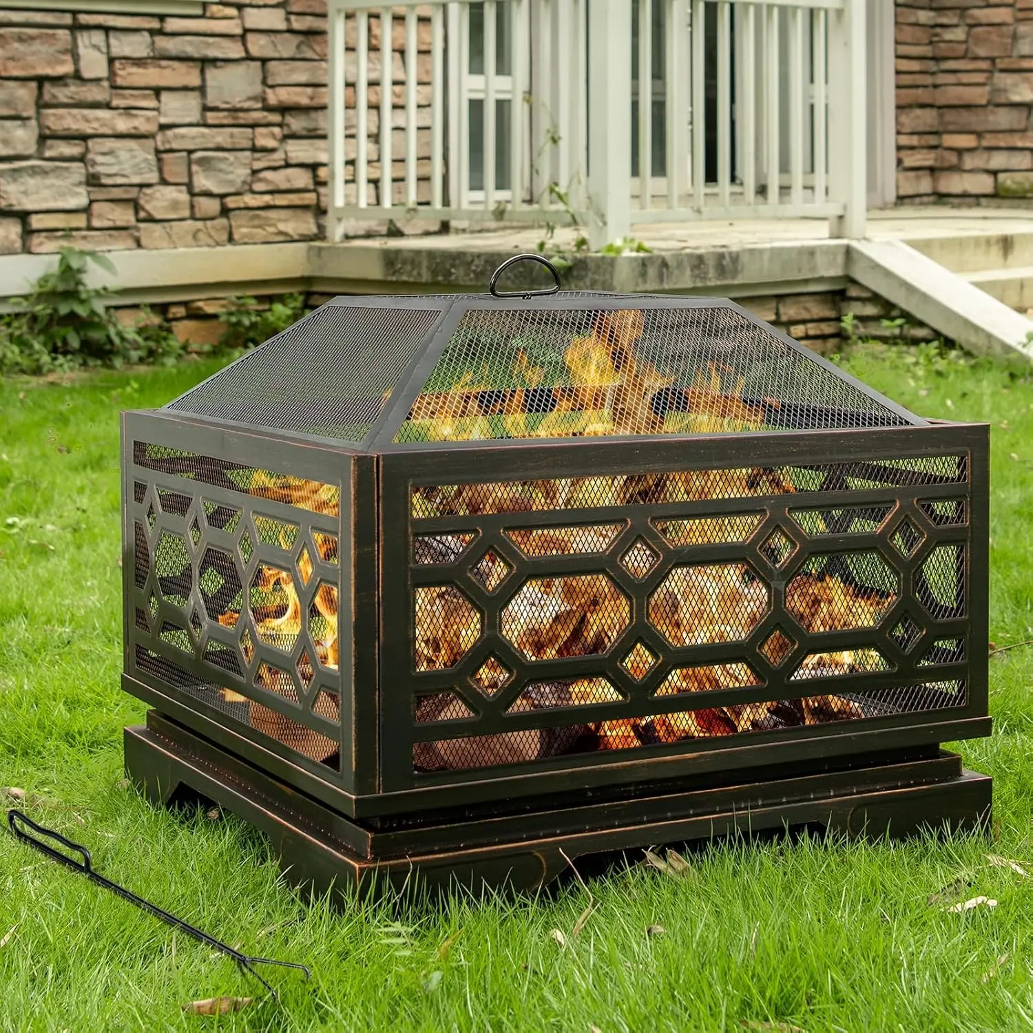 Outvue Outdoor Fire Pit, 26/32 Inch Wood Burning Fire pit for Outside with Mesh Cover & Fire Poker, Large Square Metal Fireplace for Patio, Backyard, Garden, Bonfire Party Exterior Safety