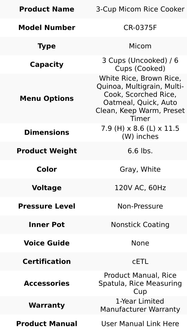 Cuckoo 3-Cup Micom Rice Cooker with Fuzzy Logic, Multi-Cooker, Auto-Clean Mode (CR-0375FG) Household Appliances Multifunction Electric Steamer Cuckoo 3-Cup Micom Rice Cooker with Fuzzy Logic, Multi-Cooker, Auto-Clean Mode (CR-0375FG) Household Appliances Multifunction Electric Steamer