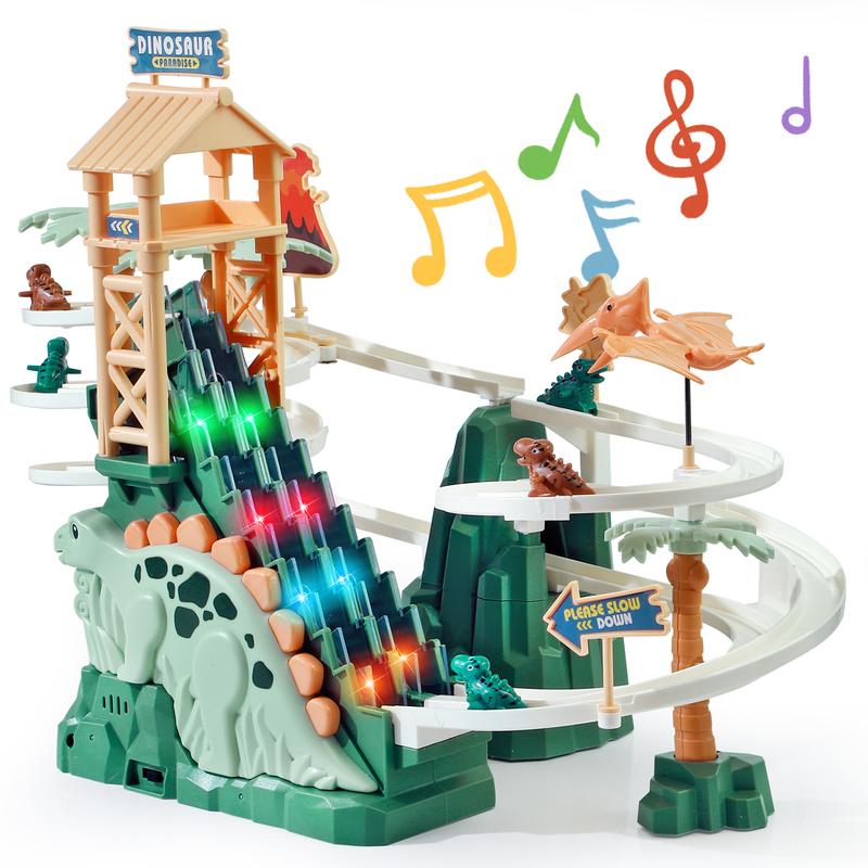 Dinosaur Chasing Race Track with Double Loop, 5 Mini Dinosaur Cars, Climbing Slide Toy with Lights & Music, Fun Stair Climbing Toy for Kids Dinosaur Chasing Race Track with Double Loop, 5 Mini Dinosaur Cars, Climbing Slide Toy with Lights & Music, Fun Stair Climbing Toy for Kids