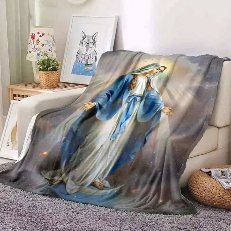 Jesus Catholic Christian Holy Miraculous Virgin Mary Themed Flannel Blanket - 50x60in, Soft, Cozy, Wrinkle Resistant, Bright Cartoon Patterns, Room Decor, House Decor, Valentine's Day Watch Party Gift for Family, Couch Travel Use