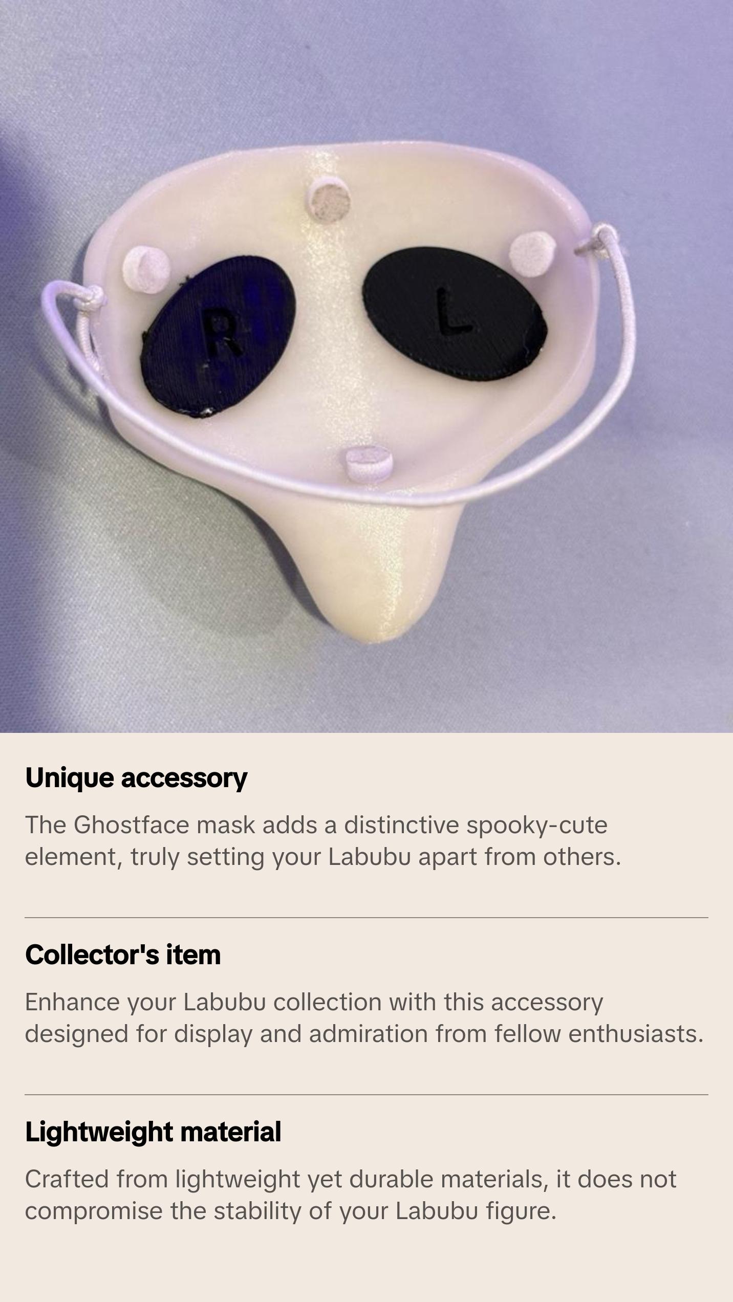 Labubu Cute Ghostface Mask Accessory for Collectors & Display - Lightweight Durable Easy Attachment Spooky-Cute Twist for Horror Fans Labubu Cute Ghostface Mask Accessory for Collectors & Display - Lightweight Durable Easy Attachment Spooky-Cute Twist for Horror Fans