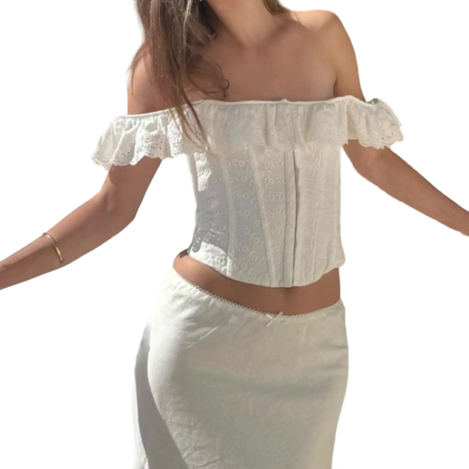 Women's off-shoulder corset top, stylish hollow-out ruffled tie-front blouse, perfect for summer street style.