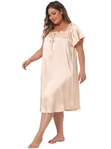 Agnes Orinda Women's Plus Size Satin Silk Nightgown Pleated Loose Sleepwear Nightshirt Sleep Dresses