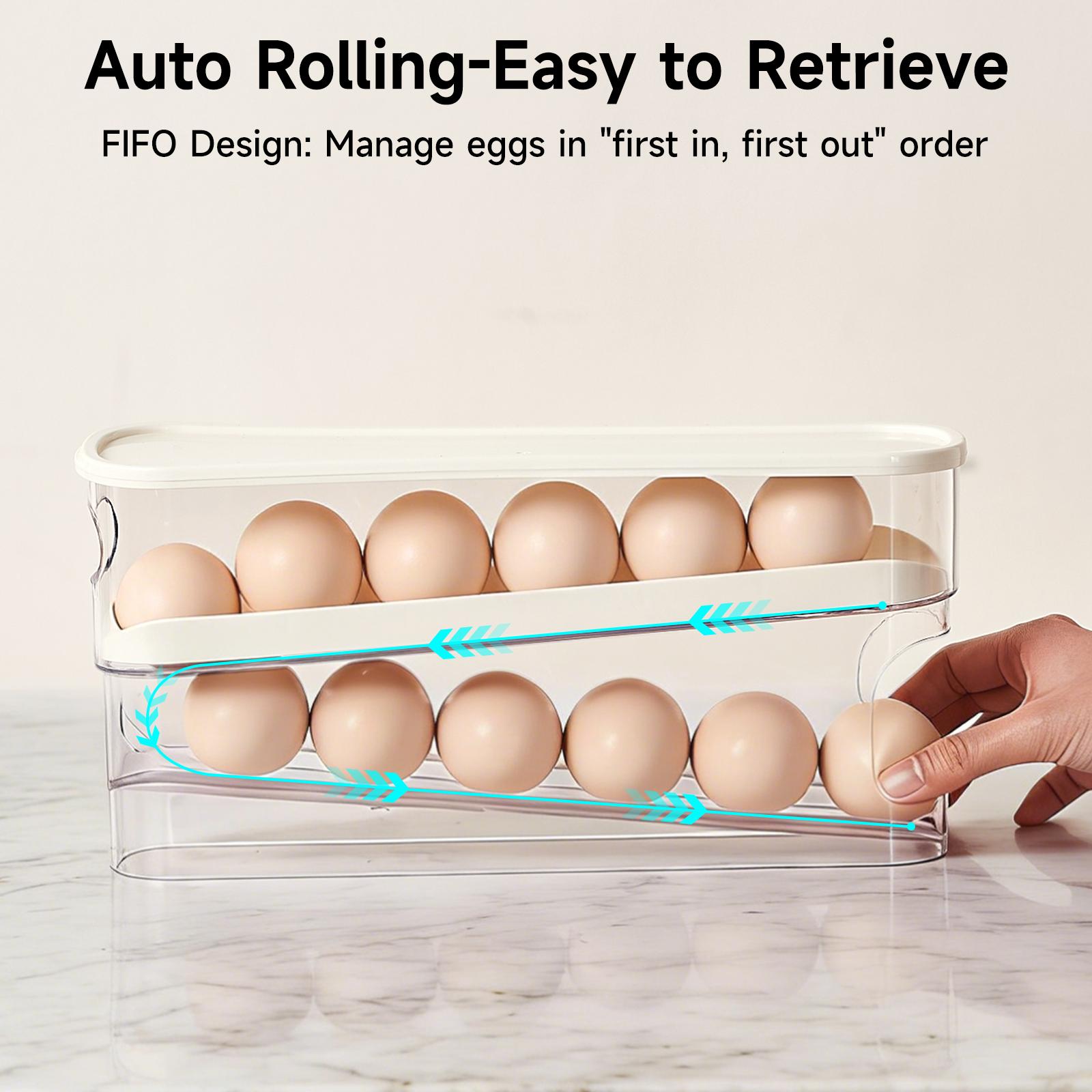 UFORU Automatic Egg Dispenser for Refrigerator, Auto-Rolling Egg Organizer with Lid & Handle, Slim Kitchen Storage Container for Fridge, Space-Saving Egg Holder for Countertop