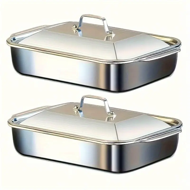Stainless Steel Bakeware 4-Piece Set - 2 Deep Rectangular Pans, 2 Handle-Equipped Lidded Pans, 6L Large Capacity, 16.14in Size, Lasagna & Roasting Use, Dishwasher Safe, Men's Gift, Baking Pans
