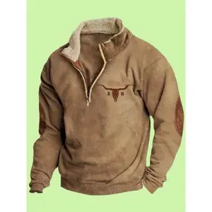 Sudadera Vaquera Azteca para Hombre con Toro, Cremallera 1/4 y Cuello Alto