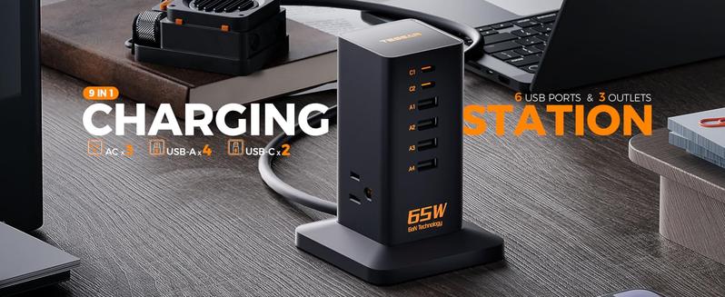 Tessan Desk Charging Station for Multiple Devices, 65W Ex-Fast Charging, 6 Port GaN USB Fast Charger Tower, Type C Desktop Charger Hub