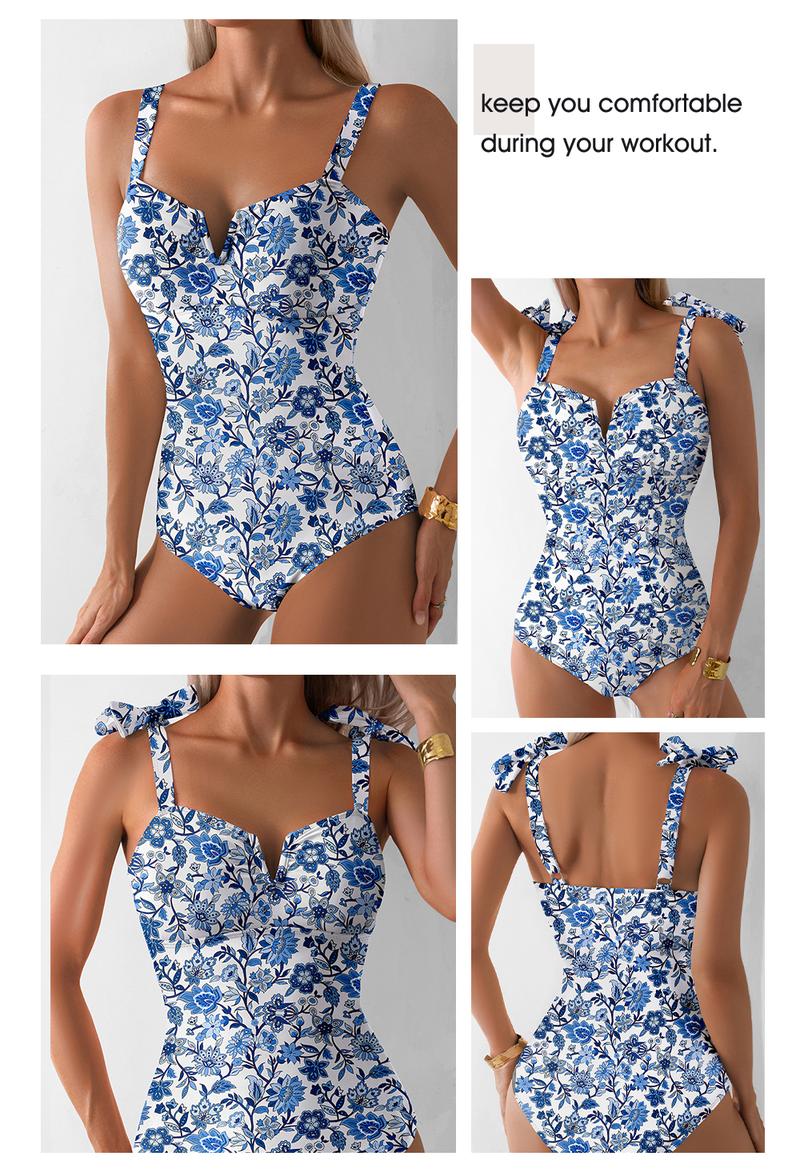 Aleumdr Women's One Piece Swimsuits Tummy Control Bathing Suits V Neck Boho Tie Shoulder Ruched Full Coverage Swimwear