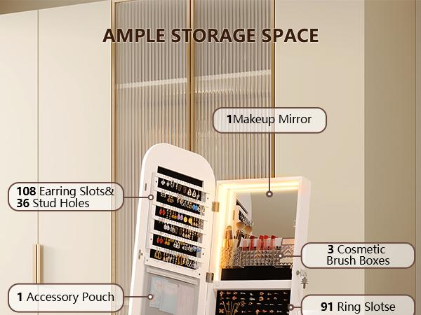 Miuvanity Round-Corner Design Full-Length Mirror with 360° Swivel & LED-Lit Features, Bottom Drawer Storage, Lockable Design living room decor