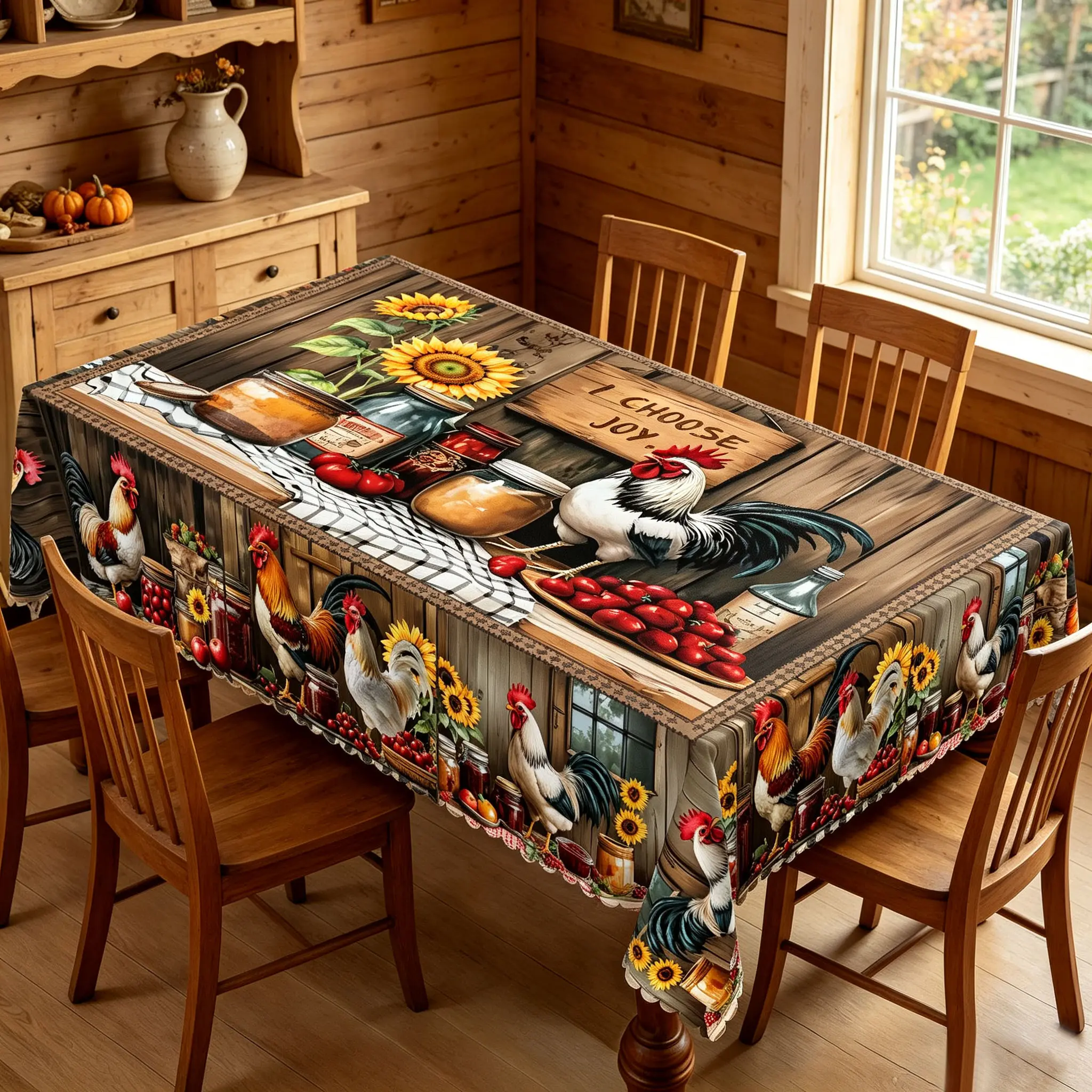 GTHREED Farmhouse Rooster Tablecloth - Rustic Country Chicken & Sunflower Print Table Cover, Vintage Tabletop Linen for Kitchen, Dining Room Home Decor
