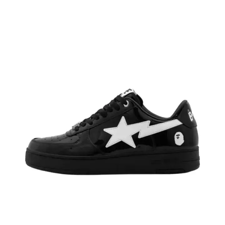 lightweight breathable patent leather skate shoe vivid jet black mono tone design solid white five star side badge hard-wearing black rubber outsole teen campus casual trainer