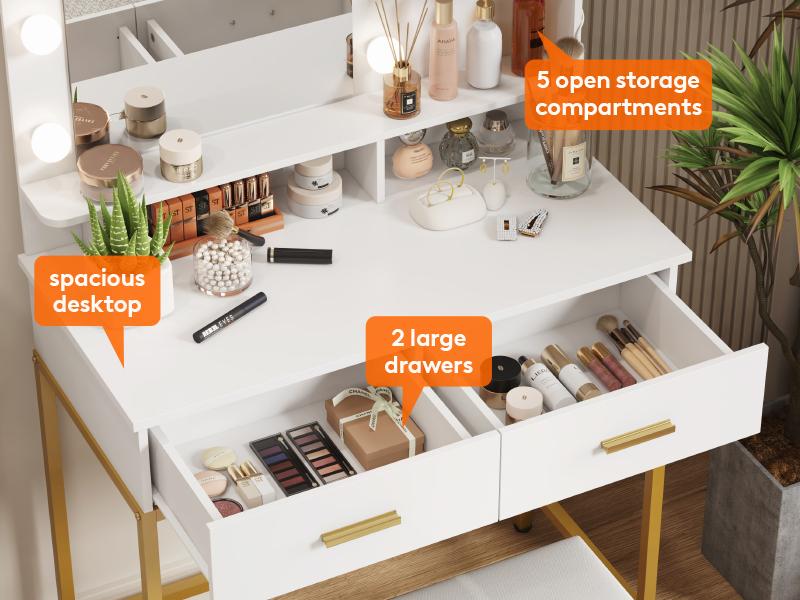 Lifewit 31.5"/35.4"/38.6" Vanity with Mirror, Adjustable Brightness, Makeup Desk with 2 Drawers & Stool for Bedroom Bathroom Makeup Room Mothers Day Gifts