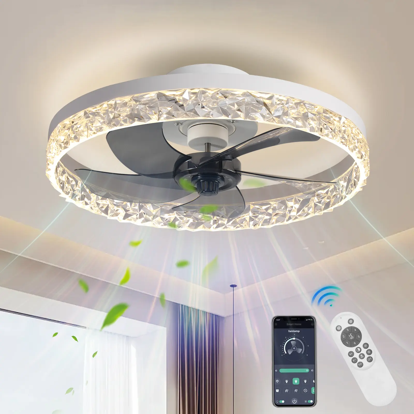 AHAWILL Crystal Ceiling Fans with Lights,Flush Mount Ceiling Fan with Remote,Low Profile,Reversible,Dimmable,White Black Fandelier for Bedroom Chandelier Ceiling Fan Ceiling Lighting
