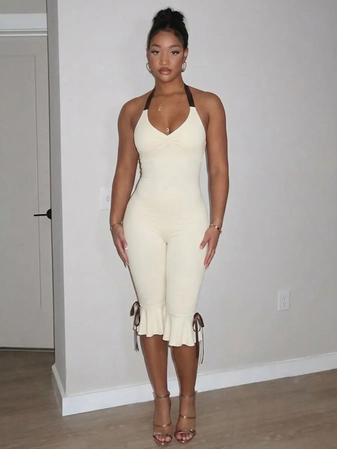 Women's Fashion Chic Fitted Solid Color Backless Halter Fashionable Jumpsuit, Casual Sleeveless Long Bodycon Romper, Stylish Comfortable Clothing