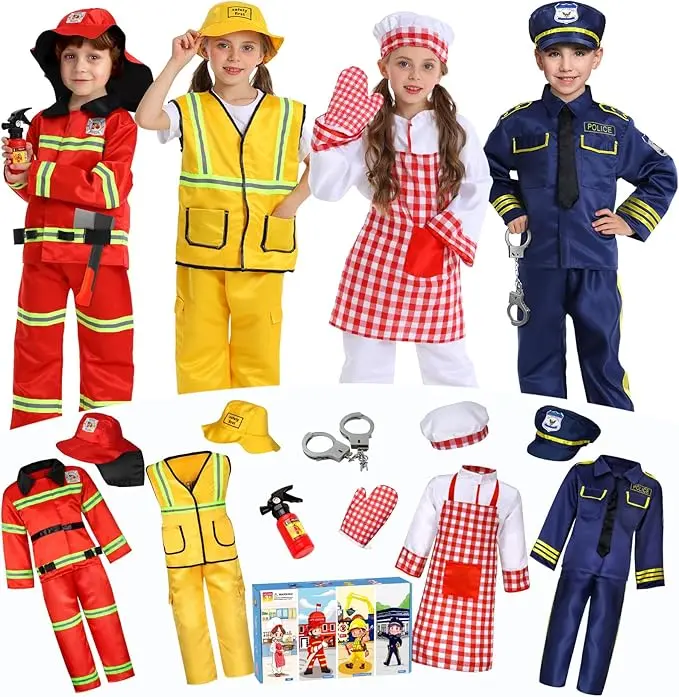 Boys' 14-Piece Role-Play Costume Set | Polyester Dress-Up Outfits with Firefighter, Construction Worker, Chef & Police Officer Gear for Kids 3-6, Machine Washable Halloween & Birthday Gift, Firefighter Costume, Construction Worker Costume
