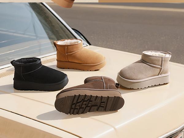 DREAM PAIRS Women's Platform Winter Snow Boots Genuine Suede Water Resistant Mini Ankle Boots Stable Lightweight Booties Anti-Slip with Memory Foam Outdoor Fuzzy