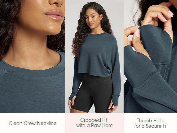 ODODOS Modal Soft Long Sleeve Cropped Sweatshirts with Thumb Hole for Women Crew Neck Pullover Crop Top