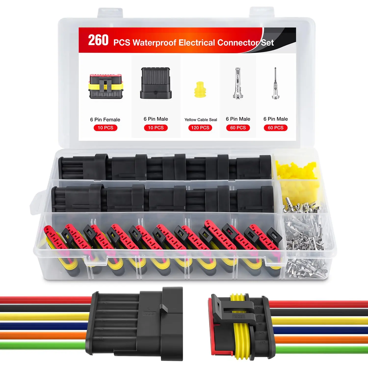 Nilight 260PCS 6 Pin Electrical Connector ‎Plug Male Female Terminal Wire Connector Waterproof Connectors 6 Way Automotive Connect Set for Car Truck Motorcycle Marine Boat 10 Sets
