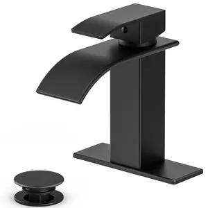 Bathroom Faucet Matte Black Modern Waterfall Bathroom Sink Faucet Single Handle Washbasin Vanity Mixer Suitable for 1 or 3 Holes,Supply Cover Plate and Pop-up Drain