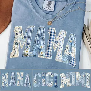 PRINTED Comfort Colors Mama Blue Toile Patchwork Floral Easter Shirt, Mimi Gigi Nana Chinoiserie Shabby Chic Shirt, Easter shirt
