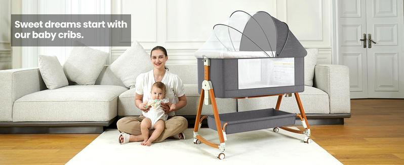Baby Bassinet Crib Sleeper, 6 Height Adjustable Cribs, Easy to Fold Portable Crib Side Bassinet, Swing Cradle Bed Side Sleeper with Ventilated Net&Wheels