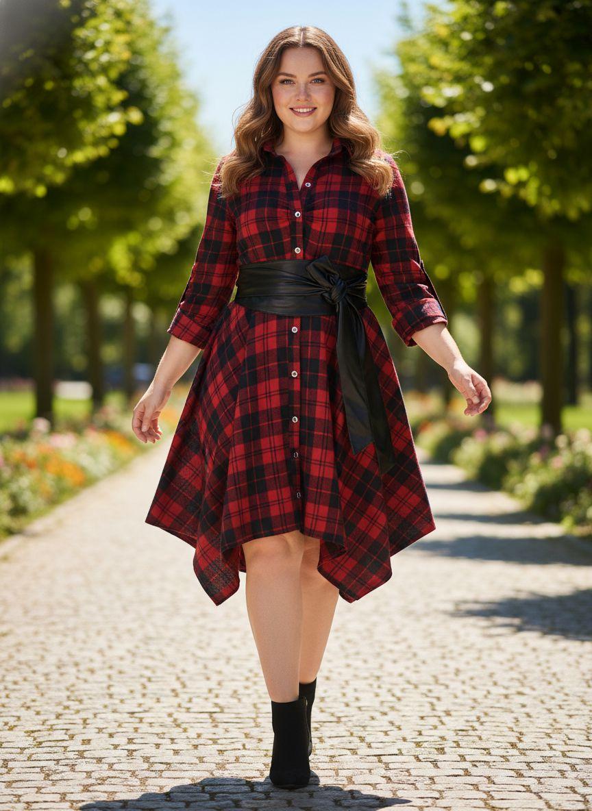 1950S 3/4 Sleeve Plaid Belt Dress Casual Outfits Women Collared Black Vintage Check Leather Womenswear