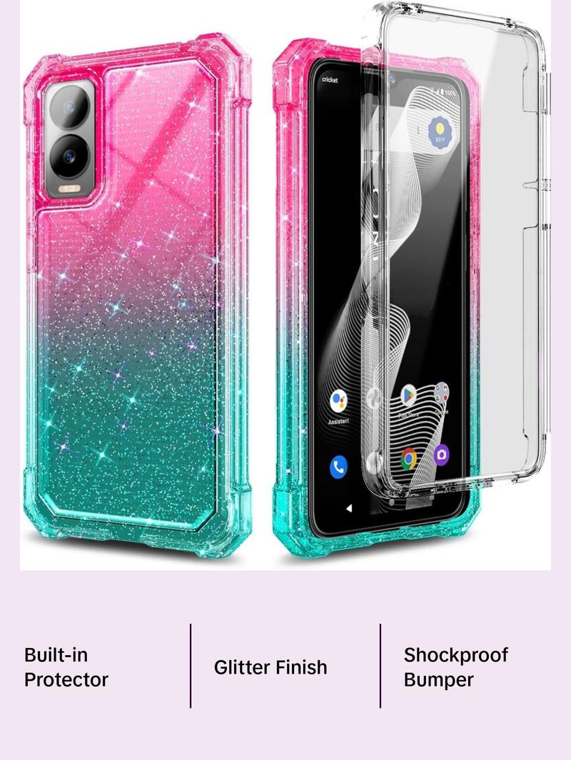 Cricket Debut S3 Case (U572AC), AT&T Vista 2 (2024 U572AA) with [Built-in Screen Protector], [9FT Military Grade Drop Tested] Full-Body Protective Shockproof Bumper Case (Glitter Pink/Aqua) Flash Cellphone
