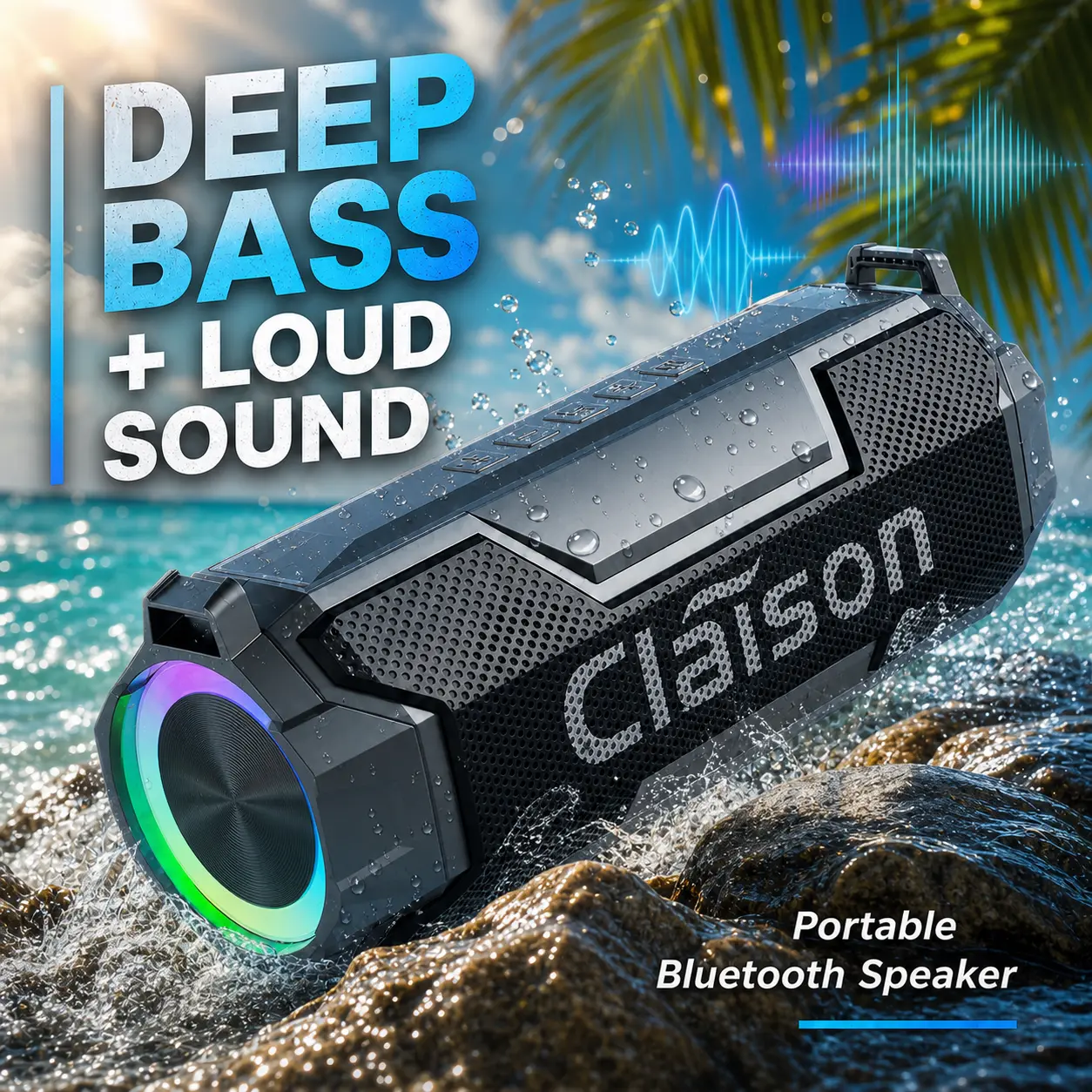 Claison Portable Wireless Speaker - IPX6 Waterproof, Shockproof, Durable Outdoor/Camping Device with Loud Bass, RGB LED Lights, Bluetooth Connection, USB-C Rechargeable