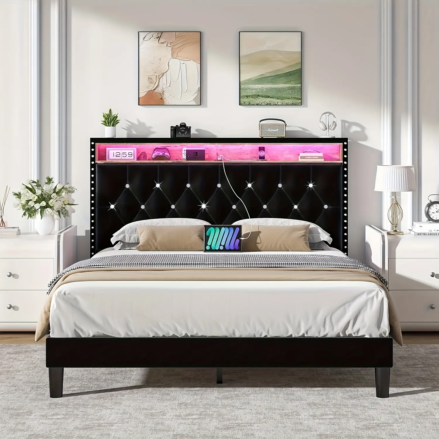 [SummerWins] HOMBCK [LED Bed Frame] Bed Frame with LED Lights, Velvet Upholstered Platform Bed with Storage Headboard, Charging Station And Diamond Tufted Design - No Box Spring Required - Easy Assembly - Black,dorm essentials,home decor#home essentials