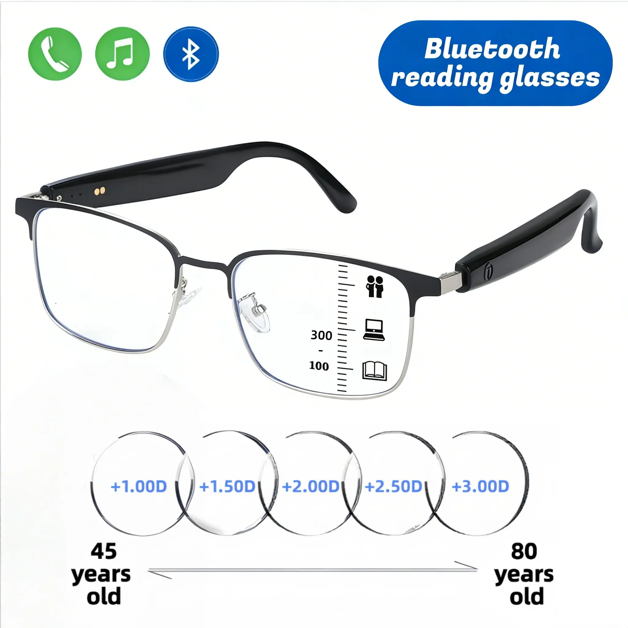 VUB Smart Bluetooth Reading Glasses for Seniors, Anti-Blue Light, Stereo Sound, Listen to Music & Take Calls, Perfect Gift for Mom & Dad