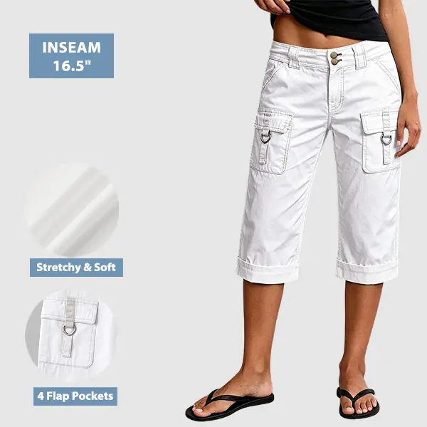 Flamingals Solid Flap Pocket Roll Hem Mid Rise Straight Leg Capri Pants Stretchy 16.5'' Inseam