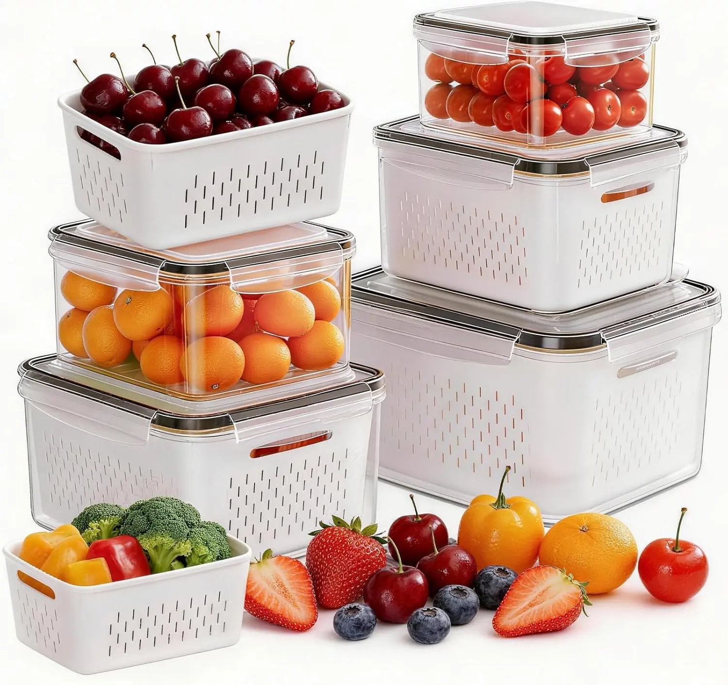 4 PCS Kitchen Utensils Cluster Set - Leak-Proof Storage Containers with Removable Colander, All-in-1 Washing Bowl Strainer, Microwave/Dishwasher Safe for Salad Berries, Fridge Freshness