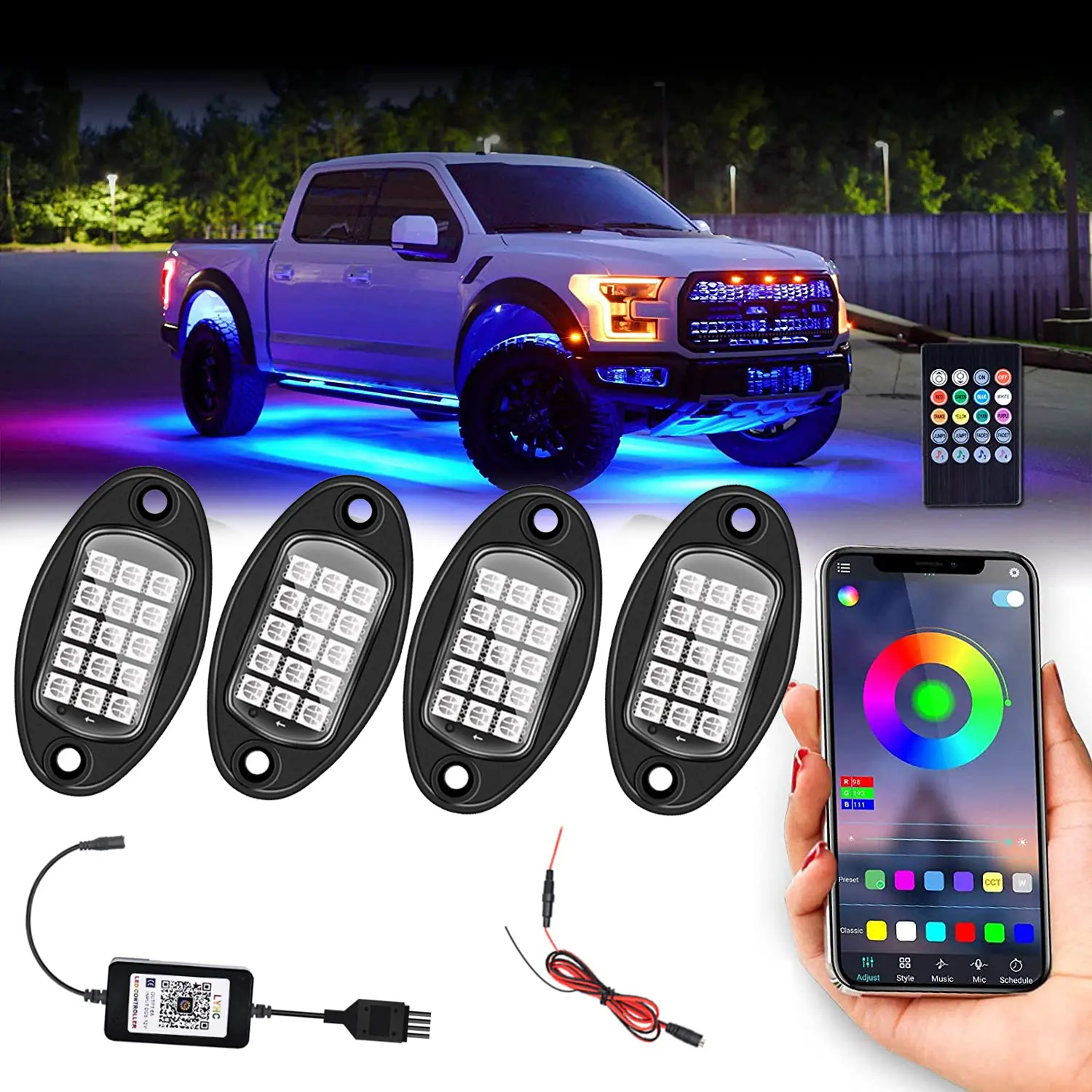 RGB LED Rock Lights, 4 Pods Underglow Kit with APP & Remote Control High Bright rock Lights with Multicolor, IP68 Waterproof Wheel Well Light Kit for ATV Golf Cart Off Road RZR SUV UTV Tractors